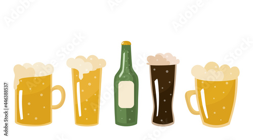 Beer in different types of mugs, glasses and in a bottle. Vector illustration isolated. For design or decoration
