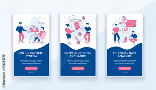 Online payments with cryptocurrency exchange banner. Web transactions and analysis of financial information. Electronic technology investment with banking. Vector linear flat template