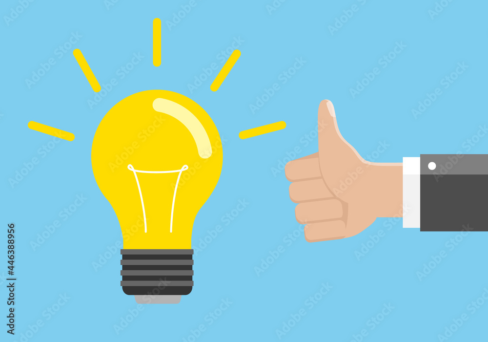 Idea and approval concept. Light bulb and hand with gesture of approval. Isolated vector Idea and approval concept. Light bulb and hand with gesture of approval. Isolated vector