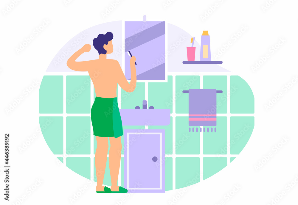 Man is brushing his teeth in bathroom. Guy in green towel stands in front of mirror with toothbrush. Morning invigorating hygiene procedures before work. Vector flat illustration Man is brushing his teeth in bathroom. Guy in green towel stands in front of mirror with toothbrush. Morning invigorating hygiene procedures before work. Vector flat illustration