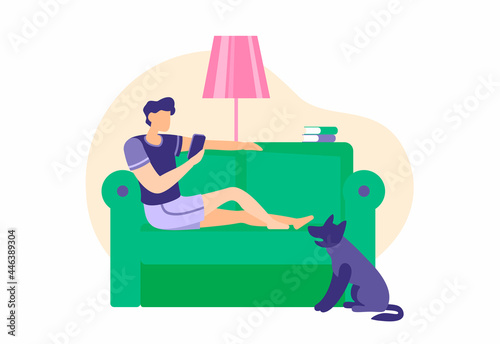 Man is resting on couch with smartphone. Male character is lying on green sofa and watching online video. Dog lies next to him on floor. Relaxation after working day. Vector flat illustration