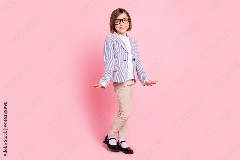 Full length body size view of attractive cheerful girl learner posing good look wear isolated over pink pastel color background