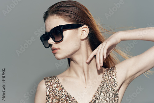 pretty woman wearing sunglasses fashion glamor shiny dress luxury