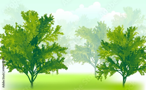 Ecology. Trees in the fog in the forest. Abstract vector illustration of trees in a garden in a transparent fog on a light green background. A sketch for creativity.