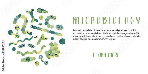 Happy cute bacteria character with smiling face. Funny kind kawaii microorganism: coccus, bifidobacterium, clostridium, streptococcus, spirillum, corynebacterium. Vector flat cartoon illustration