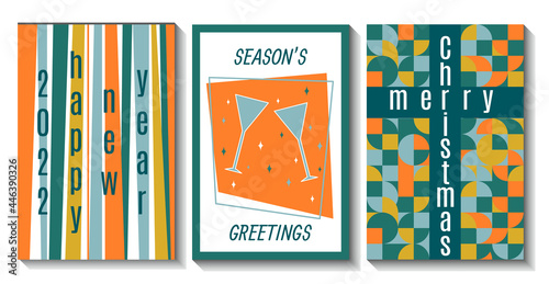 Set of greeting cards in mid century style. Merry Christmas and Happy new year retro design concept. Vintage colors.