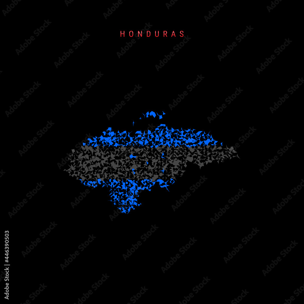 Honduras flag map, chaotic particles pattern in the Honduran flag colors. Vector illustration Honduras flag map, chaotic particles pattern in the Honduran flag colors. Vector illustration