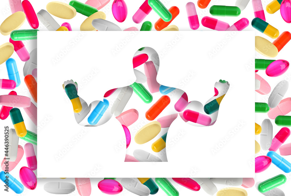 Silhouette of sportsman filled with pills symbolizing using doping on white background