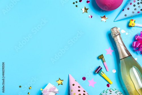 Sticker Flat lay composition with birthday decor and bottle of sparkling wine on light b