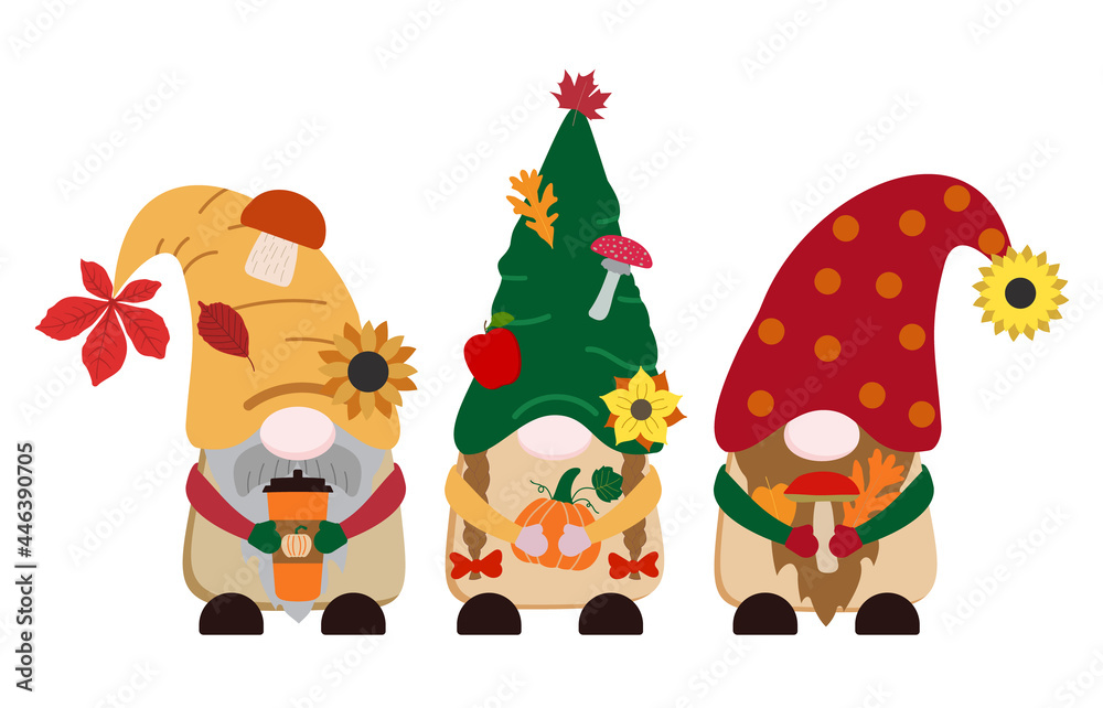 Cartoon flat vector gnomes in bright colors with orange pumpkin, spice latte cup, forest mushrooms, sunflowers, leaves. Isolated on white background.