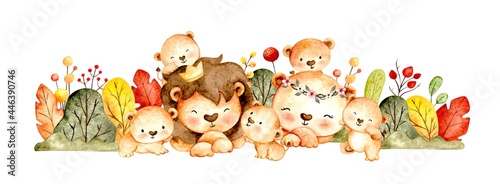 Watercolor hand drawn lion family king of the jungle