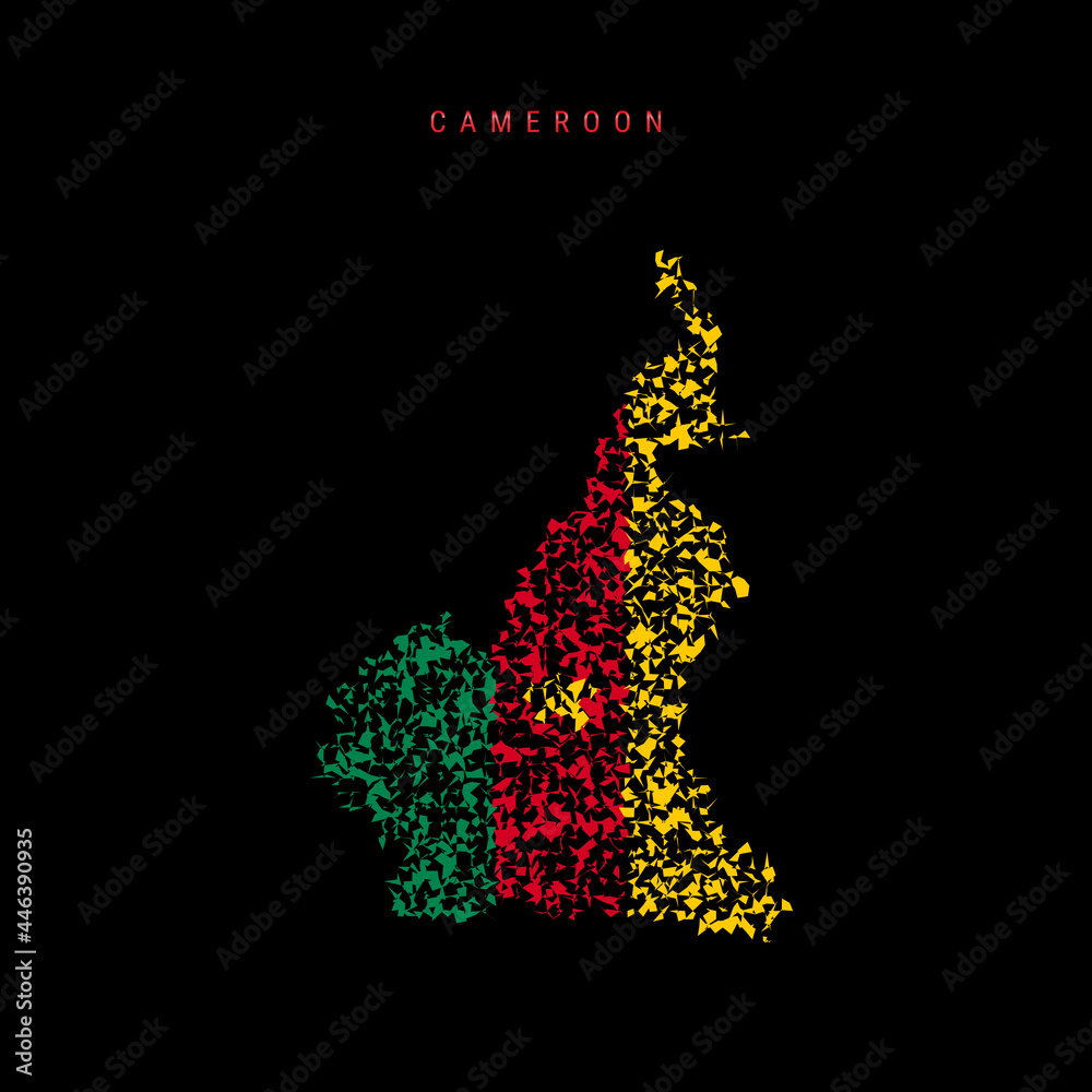 Cameroon flag map, chaotic particles pattern in the Cameroonian flag colors. Vector illustration