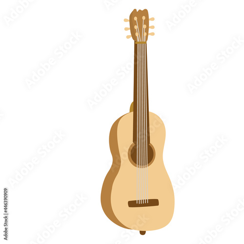 Six-string acoustic guitar. Hand drawn flat vector illustration. Stringed musical instrument.	