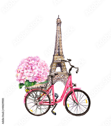 Bicycle with pink hydrangea flowers in basket, Eiffel tower in Paris, France. Watercolor