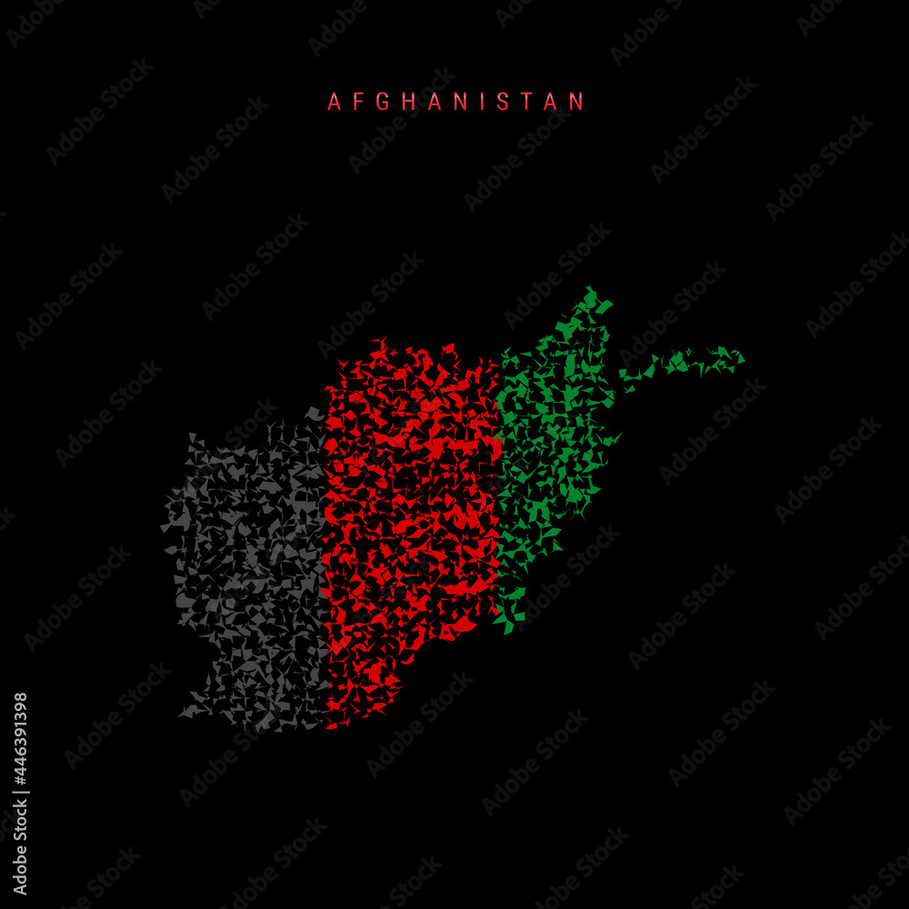 Afghanistan flag map, chaotic particles pattern in the Afghan flag colors. Vector illustration