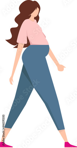 A pregnant woman is walking. An active young girl waiting for a child. Happy pregnancy. A flat vector illustration of a character on a white background.