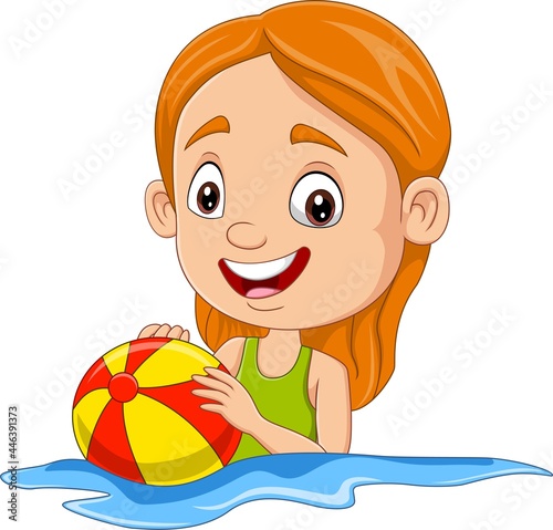 Cartoon happy girl playing beach ball