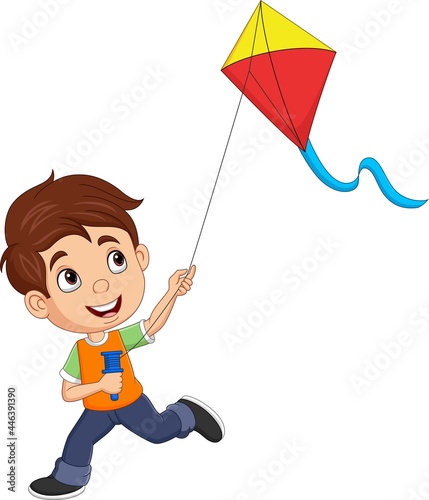 Cartoon happy little boy playing a kite 