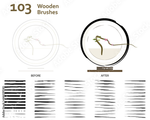 Set of 74 wood skin pattern brushes + 29 unique wooden texture art brushes for unique outline, shadows/shading, retro/vintage, engraved, hatching, water effect, lino cut, wooden texture. AI CS6.