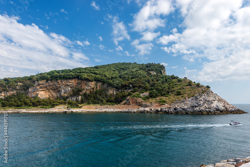 Palmaria Island (Isola di Palmaria) seen from Porto Venere or Portovenere town, UNESCO world heritage site, Gulf of La Spezia, Liguria, Italy, Europe.