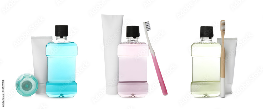 Set with bottles of mouthwash and other items for teeth care on white background. Banner design Set with bottles of mouthwash and other items for teeth care on white background. Banner design