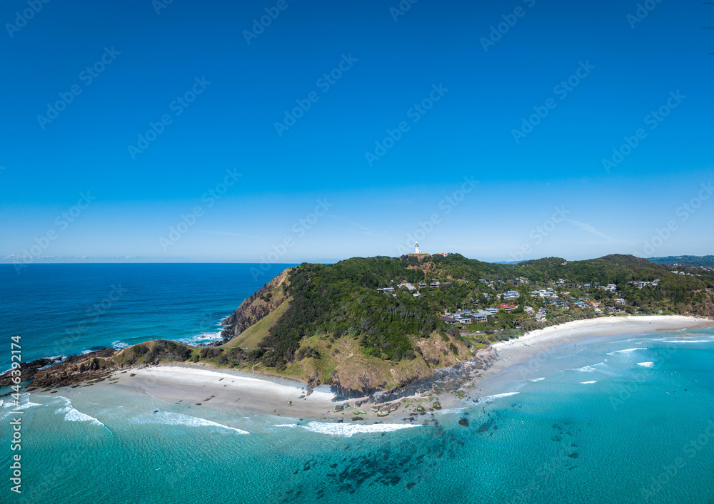 An aerial panoramic view of Byron Bay and Wategos Beach