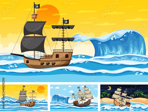 Set of different beach scenes with pirate ship