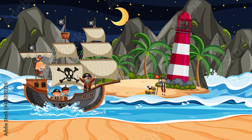 Beach with Pirate ship at night scene in cartoon style