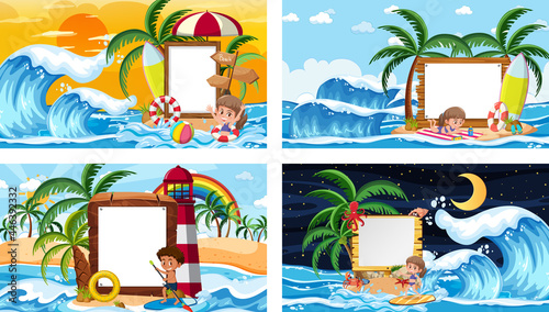 Set of different tropical beach scenes with blank banner © brgfx