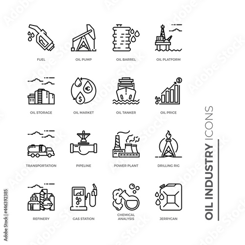 Oil industry icon design template, Simple Set of Oil Industry Related Vector Line Icons. Contains such Icons as Jerrycan, Oil Tanker, Power Plant, Fuel, Gas Station, Oil Platform and more.