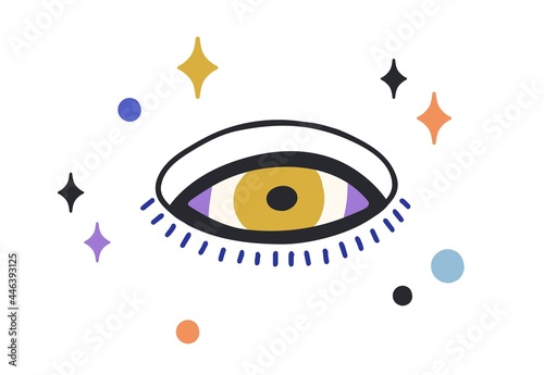 Composition of esoteric evil eye with stars around. Magic holy eyeball with eyelashes in doodle style. Mystical occult abstract symbol of god. Flat vector illustration isolated on white background