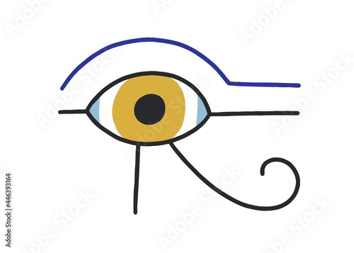 Spiritual Egyptian eye of Ra god. Magic holy ancient symbol of Egypt. Esoteric abstract eyeball in doodle style. Modern flat vector illustration of religious talisman isolated on white background