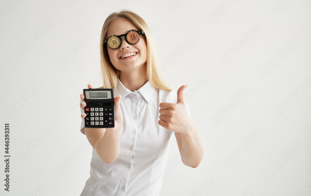 pretty blonde in shirt coins glasses economy calculator pretty blonde in shirt coins glasses economy calculator