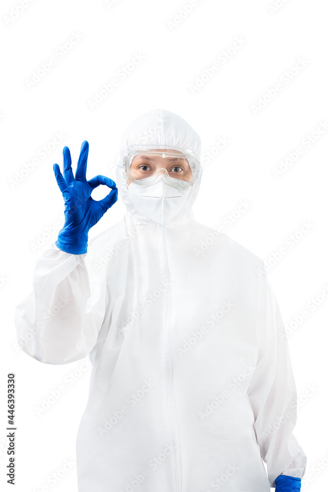 Health worker woman with a protective suit and gloves standing Health worker woman with a protective suit and gloves standing