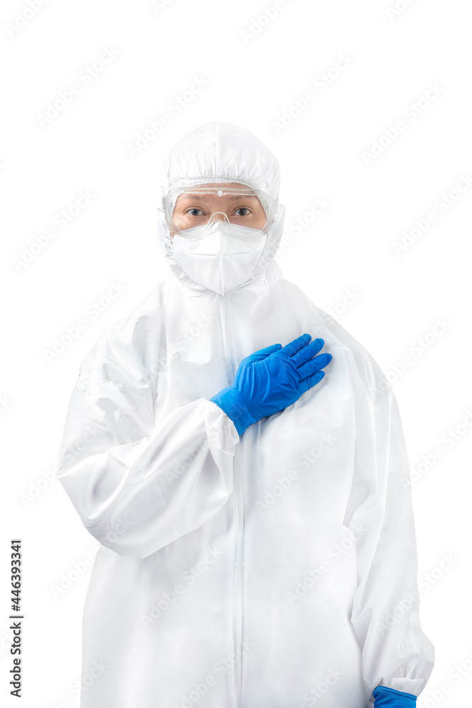 Health worker woman with a protective suit and gloves standing Health worker woman with a protective suit and gloves standing