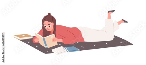 Young woman lying and reading books at home. Student studying and preparing for exam with textbooks. Female reader with literature. Flat vector illustration of bookworm isolated on white background