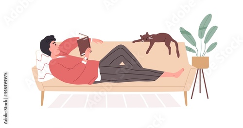 Young man resting on sofa and reading book. Relaxed person with novel in hands, lying on couch at cozy home. Bookworm spend time with literature. Flat vector illustration isolated on white background