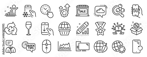 Set of Business icons, such as Support service, Seo gear, Trade chart icons. Quick tips, Chemistry lab, Cloud communication signs. Computer, Smartphone recovery, Globe. Market sale, Sale. Vector