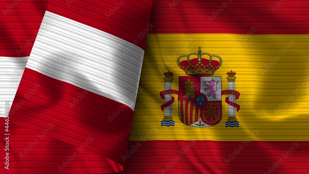 Spain and Peru Realistic Flag – Fabric Texture 3D Illustration