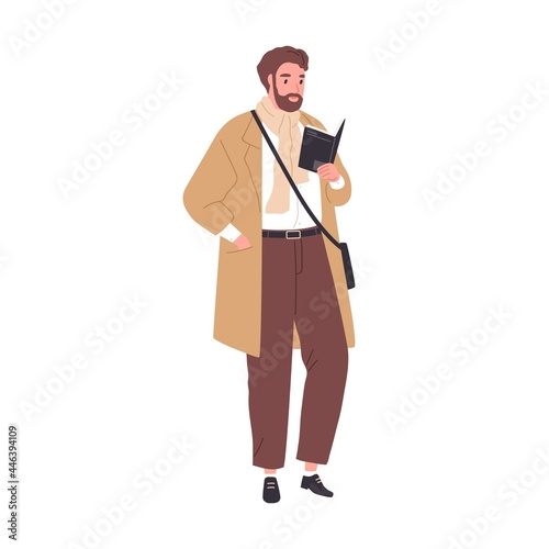 Adult book fan reading literature. Man standing with novel in hands. Modern professor holding textbook. Smart mature bookworm. Flat vector illustration of reader isolated on white background