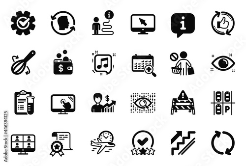 Vector Set of Business icons related to Touch screen, Refresh and Medical analyzes icons. Business growth, Health eye and Refresh like signs. Face id, Certificate and Flight time. Cogwheel. Vector