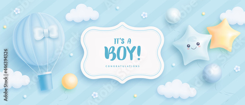 Baby shower horizontal banner with cartoon hot air balloon, helium balloons and flowers on blue background. It's a boy. Vector illustration