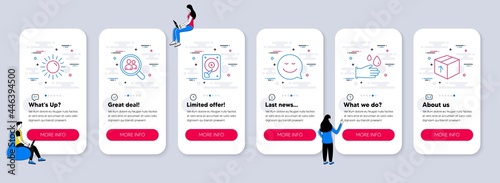 Set of line icons, such as Search employees, Smile, Rubber gloves icons. UI phone app screens with teamwork. Hdd, Sun, Package line symbols. Staff analysis, Chat emotion, Hygiene equipment. Vector