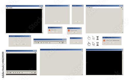 Web internet browser, system dialog box, error pop-up window and multi media player stylized as retro user interface.