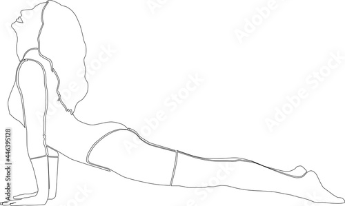 The drawing is made with a black line on a white background. The woman is engaged in sports, aerobics and physical exercises.
