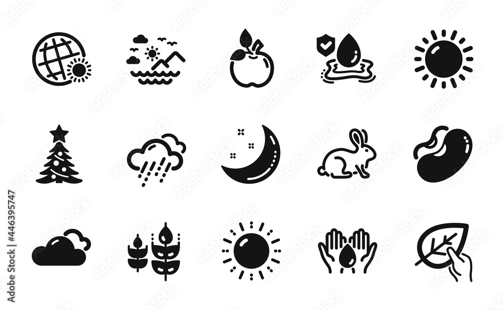 Vector set of Christmas tree, Gluten free and Organic tested icons simple set. Moon stars, Eco food and Flood insurance icons. Beans, Cloudy weather and Sea mountains signs. Vector