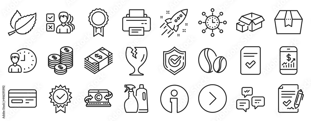 Set of line icons, such as Confirmed, Mint leaves, Packing boxes icons. Checked file, Shampoo and spray, Package box signs. Reward, Printer, Copywriting notebook. Credit card, Coins, Info. Vector