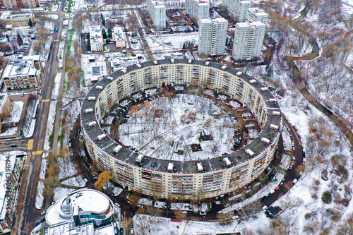 Round House in Moscow Nezhinskaya Street Top View. Circle shaped house photo