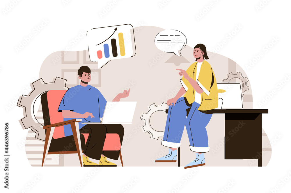 Business discussion concept. Employees in office discussing work tasks situation. Brainstorming and teamwork people scene. Vector illustration with flat character design for website and mobile site