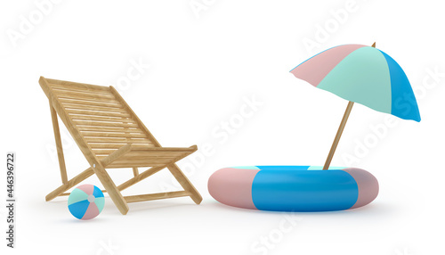 Wooden deck chair and beach umbrella in a life buoy. 3D illustration 
